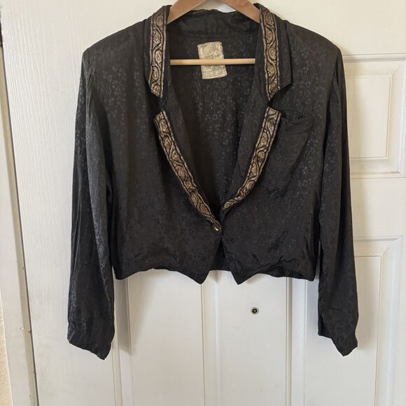 Vintage Womens Black Blazer Floral Gold Trim Size Med Retro 80s 90s Old‎ Money - Picture 2 of 9